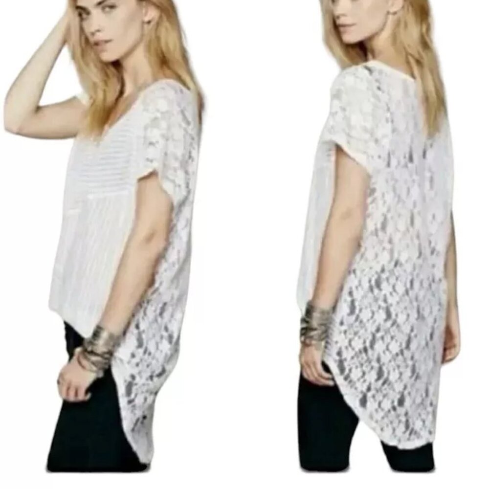 Free People DAYDREAM Tunic Top L High Low White Lace Sheer Boho Beach